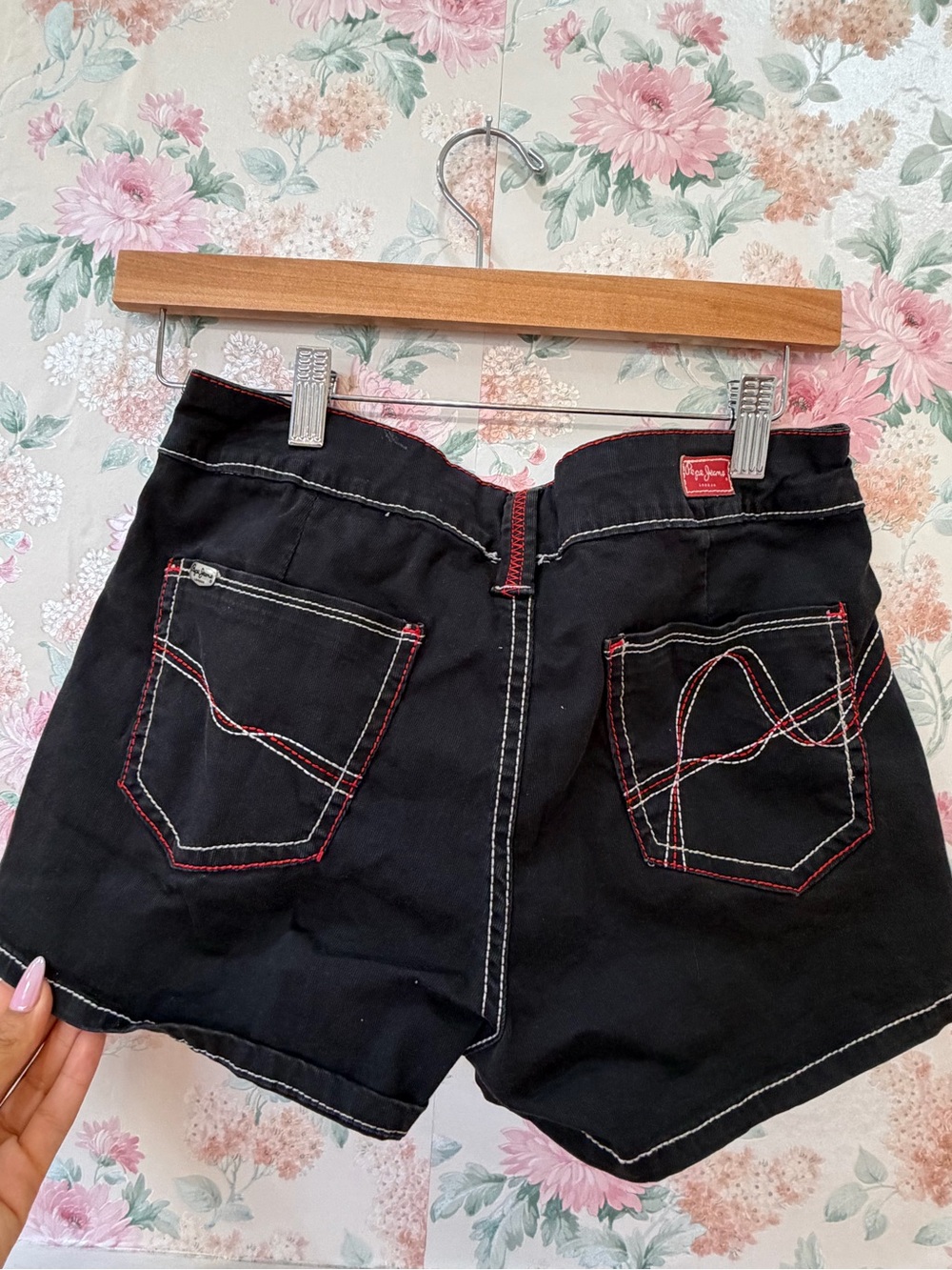 Y2K Pepe Jeans Black Jean Shorts with Red & White Contrast Stitching